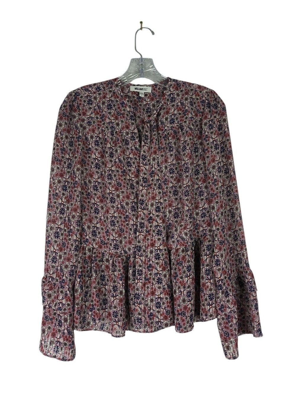William Rast Destiny Top S Purple Floral Tie V Neck Button Front Flare Sleeve